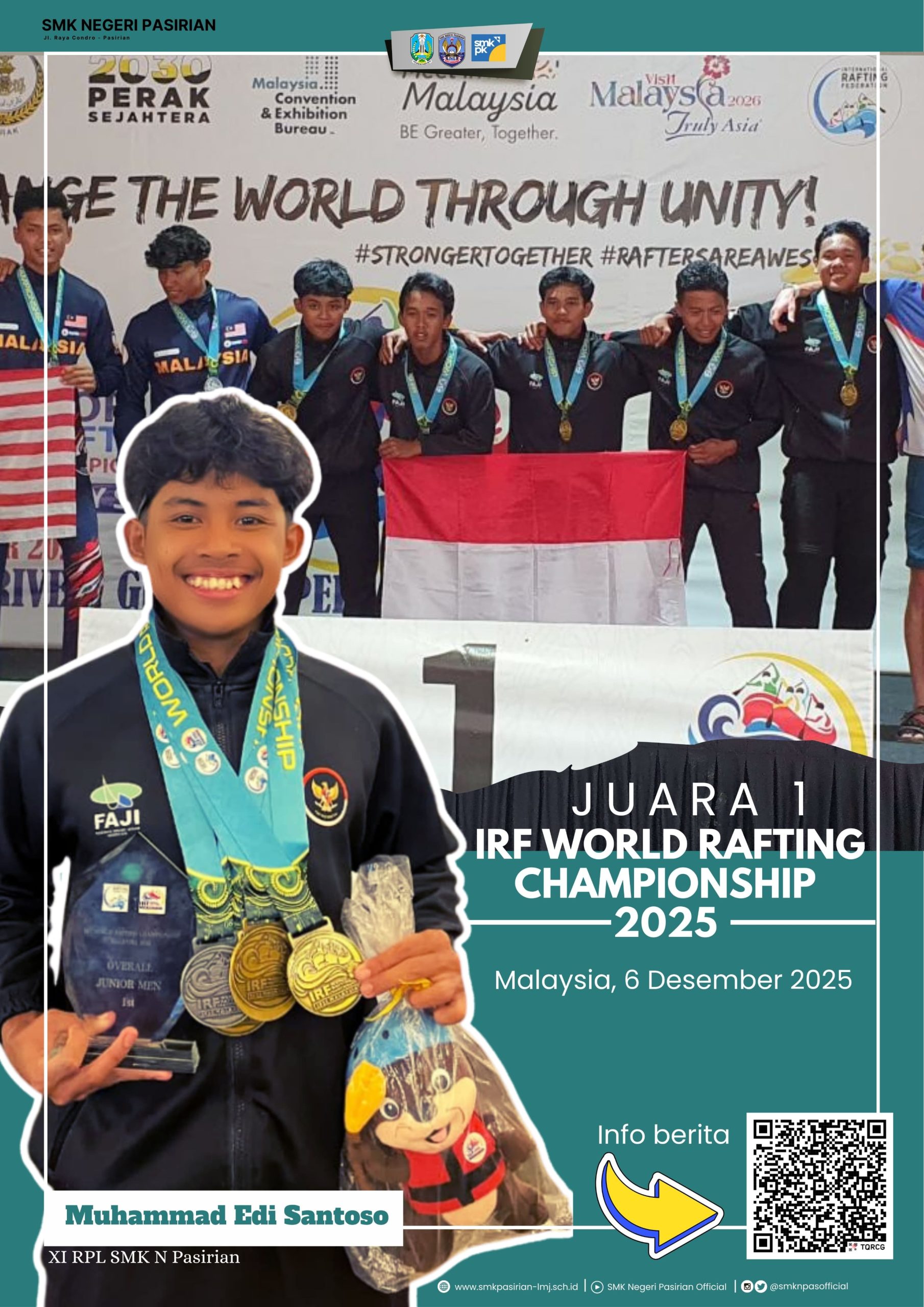 SMK Negeri Pasirian Mendunia! Muhammad Edi Santoso Raih Emas di Kejuaraan Dunia Arung Jeram 2025